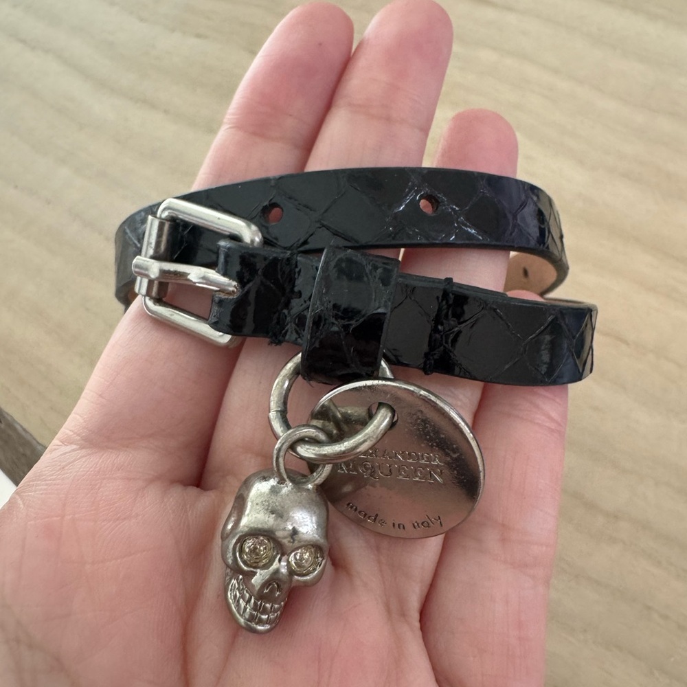 Alexander McQueen Double Warp Snake Skin Leather Bracelet Silver Skull Charm